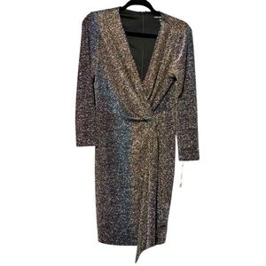 Maggy London Multicolored Rainbow Shimmer Metallic Surplice Cocktail Party Dress